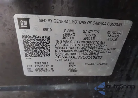 2020 Chevrolet Equinox Awd Lt 1.5L Turbo z USA, uszkodzony, nr VIN 2GNAXUEV9L6140837